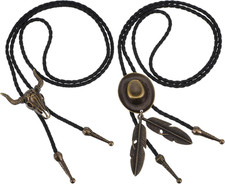 2PCS Bolo Tie, Western Cowboy Tie Vintage Leather Necktie Handmade Hat Feather N