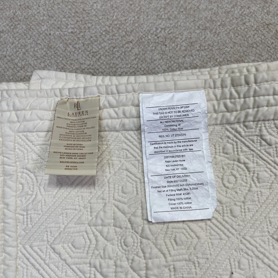 Ralph Lauren MARRAKESH Queen Quilt ~ 100% Cotton ~ Cream 90 x 90 - Image 4 of 4