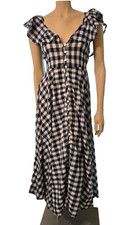 J Crew XS Flutter sleeve Beachwear Gingham Maxi Dress Ruffle Button front v neck