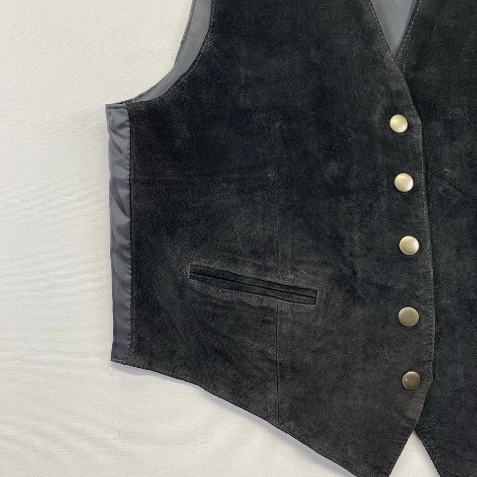 Chaleco de cuero gamuza con botones Gitano vintage bolsillos negro talla mediana  Foto 3 de 4