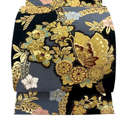 Japanese Kimono,SILK Fukuro OBI,Rokutu,GLD foil,BT,Kara-ORI,Black,L14' , 4798