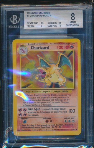 BGS 8 CHARIZARD 1999 Pokemon Base Unlimited #4/102 Holo Non-Shadowless NM-MINT