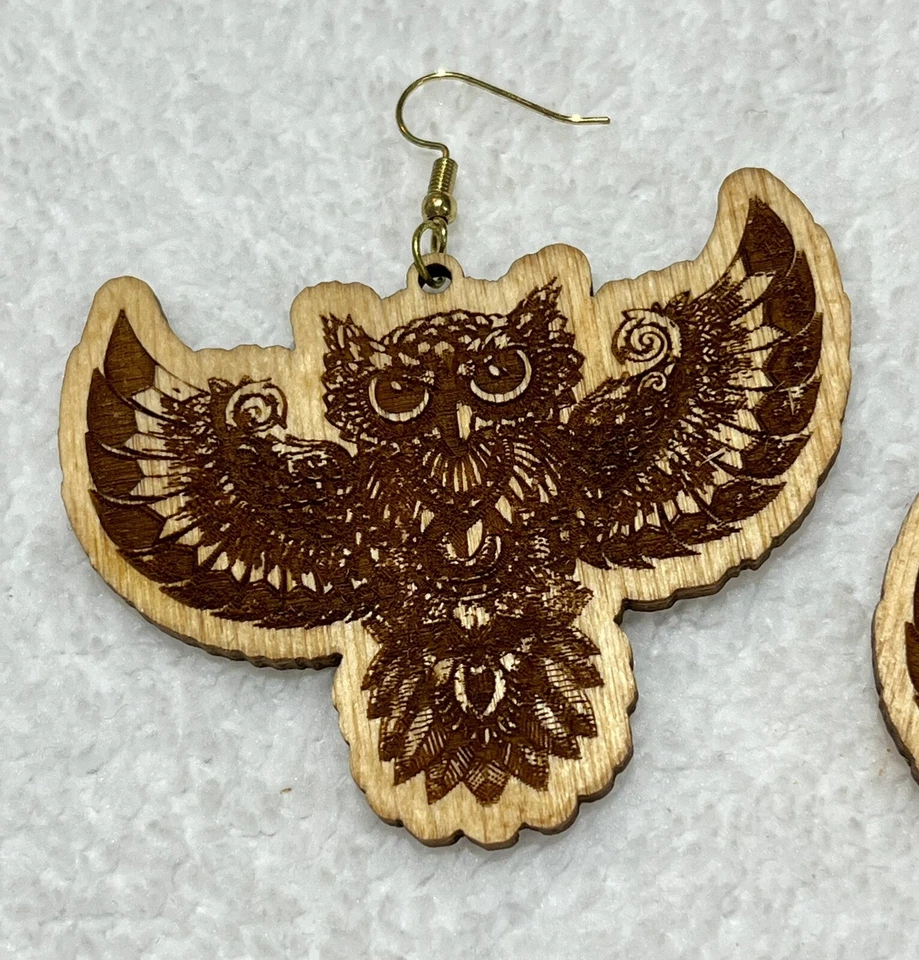 Artisan Made Wooden Owl Flying Earrings Boho Western Avant Garde Natural - Image 2 of 4