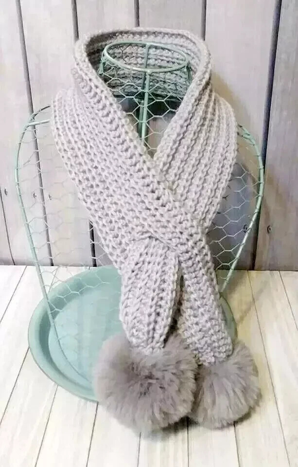 Handmade Gray Crochet Cowl Scarf with Keyhole & Faux Fur Pom USA