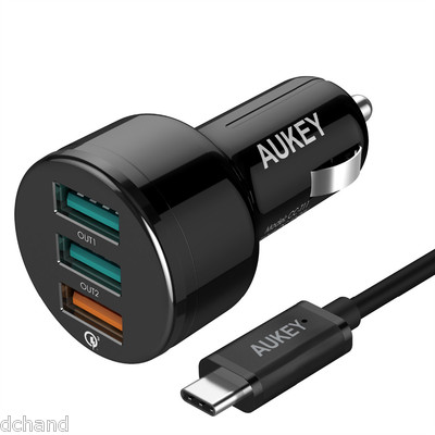 aukey cigarette charger Quick Charge 3.0 AUKEY USB 3 ports Car Charger with C cable. Qualcomm  Certify