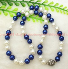 New Fashion 8/10/12mm White Blue Shell Pearl Gems Round Beads Necklace 16-22in