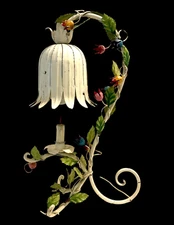 Vintage Shabby Chippy Hand Painted Italian Tole Tulip & Rose Floral Table Lamp