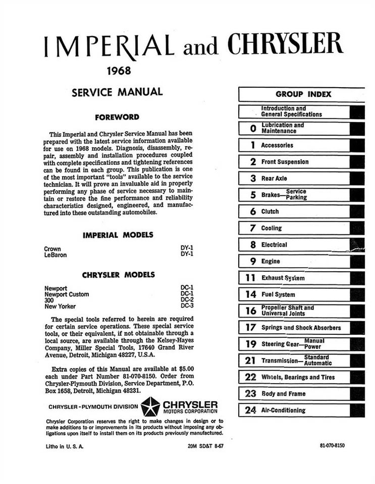 Chrysler Imperial 300 1968 New Yorker taller manual de reparación libro guía OEM Foto 2 de 4