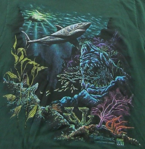 Vintage '93 SEA WORLD Great White Shark Vacation Souvenir Green T Shirt Size L - Picture 2 of 8