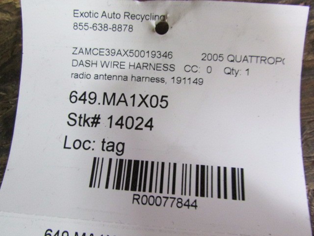 Maserati Quattroporte, Radio Antenna Wire Harness, Used, P/N 191149