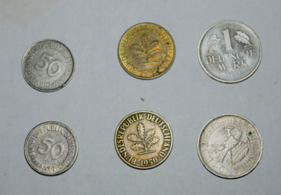 VINTAGE, THREE (3) GERMAN COINS (1 DM, 5 and 1 Pfennig) Circulated, 1972 - 1985