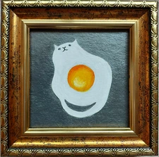 Original Egg Small Painting White Cat Artwork Gold Framed Art