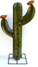 METAL YARD ART 38" SAGUARO CACTUS SCULPTURE LIGHT OLIVE GREEN  W YELLOW FLOWERS