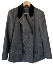 Vintage 90s Herbert Grossman Grey Wool Double Breasted Knot Button Blazer Size 8