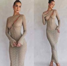 HOUSE of CB Giovanna Taupe Stone Floral Lace Semi Sheer Cutout Maxi Dress S 4/6