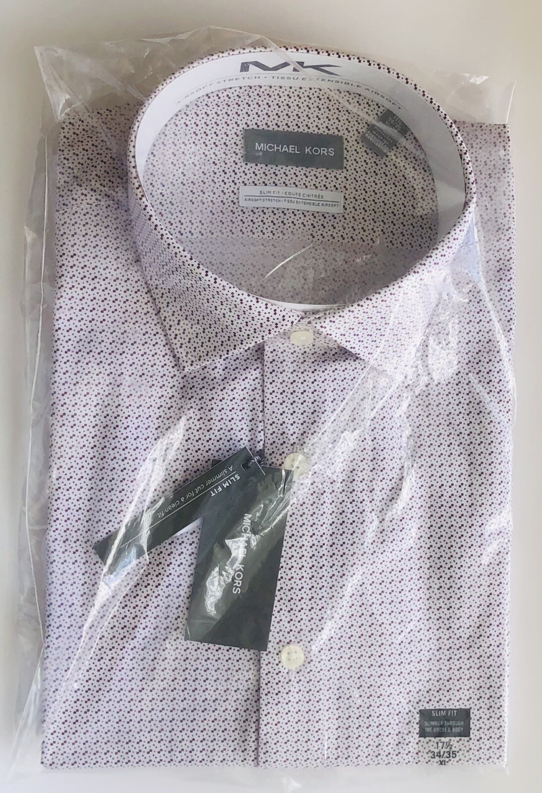 Michael Kors Men SlimFit Dress Shirt White/Wine Print LongSleeve XL