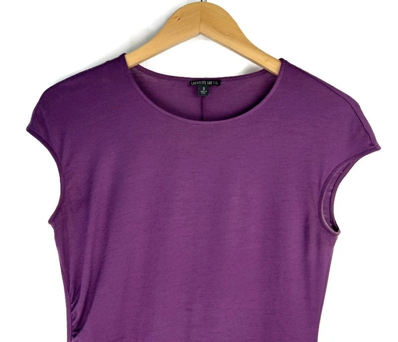 Lafayette 148 Women’s Wool Blend Knit Top Purple Cap Short Sleeve Ruched Size S - Image 4 of 4
