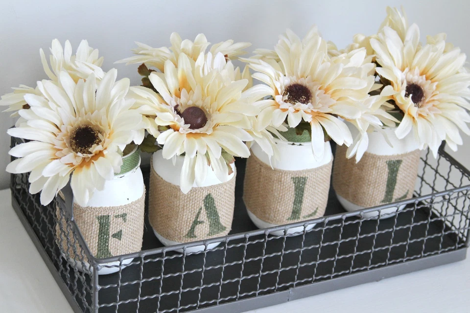 Fall Farmhouse Mason Jars Décor Set – White Green Table Centerpiece - Image 4 of 4