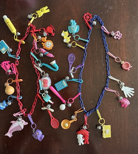 80’s Plastic Novelty Bell Charm Necklaces 28 Charms Google Eyes Etc, Mix Colors