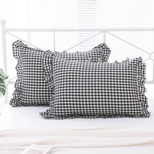 2 Pack Black and White Plaid Ruffle Gingham Standard Pillow Shams 20x26 inche...