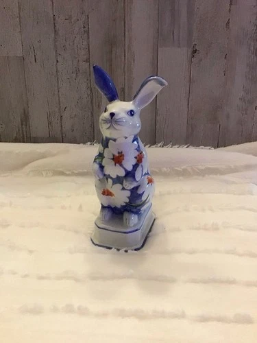 Andrea By Sadek Blue White Easter Bunny Rabbit Ceramic Figure Floral