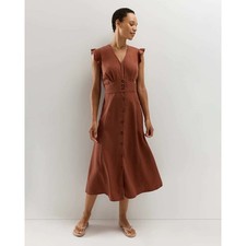 Quince Tencel Button Front Midi Dress Terra Cotta Flutter Sleeve Large NWT