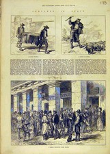 Original Old Antique Print Spain Funeral Pig-Driver Madrid Federal Guard 1873