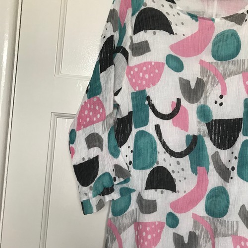 Mudflower White Pink Green Dress Size 16 3/4 Sleeve Round Neck Knee Length - Picture 2 of 9