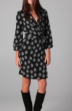 DIANE VON FURSTENBERG DVF Silk Black Print Nove Wrap Dress Tie Neck Sz 8