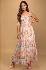 Lulus Floral Tiered Maxi Dress Sz M Pink Cottage Coquette Sleeveless Smocked