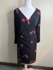 Lauren Ralph Lauren Women’s Black Rose Pattern Sleeves Knee Length Dress Sz 6