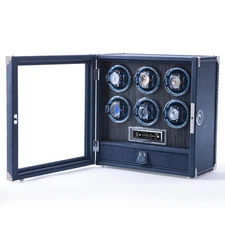 Fingerprint Automatic 6 Watch Winder Box LCD Digital Display Leather Drawer Blue