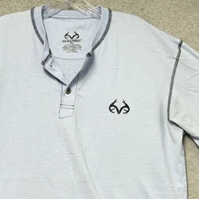 REALTREE Henley T-Shirt Mens XL Short Sleeve Tee Cotton Embroidered Blue FLAWS