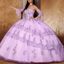 Purple Quinceanera Dresses Ball Gown Detachable Sleeve Ruffles Applique Sweet16