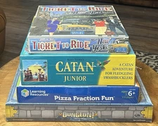 NIB Game Lot - Ticket to Ride - Catan Jr - Pizza Fraction Fun - Dungeons Dragons