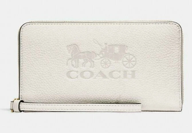 Portafoglio telefono Coach F75908 grande pelle cavallo e carrozza nuovo con etichette in gesso oro