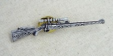 Hunting Rifle Pin Badge (English Silver Pewter Brooch in a burlap gift pouch)