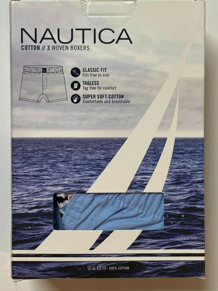 Boxer Shorts Nautica - Pequeño - Estampado de Peces - Negro - Azul - Nuevo con Etiquetas - 3 Boxers en Caja Foto 2 de 2