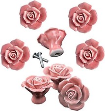 Knobs, 8Pcs Elegant Pink Rose Pulls Flower Ceramic Cabinet Knobs Cupboard Dra...