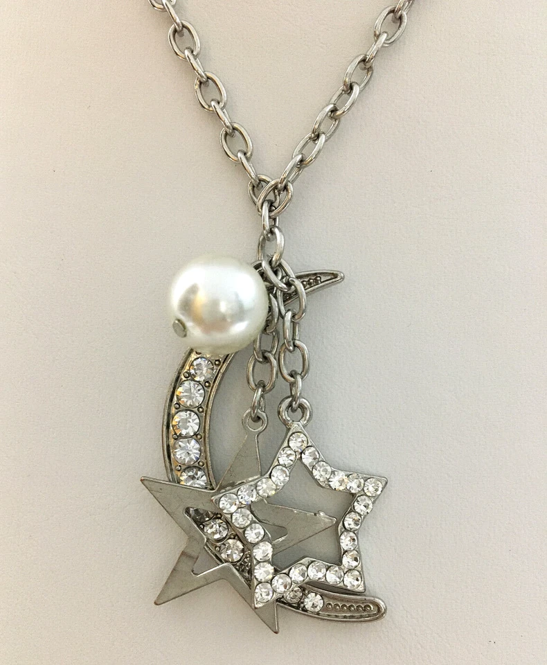 Collar Media Luna Estrellas Imitación Perla Pendientes Charter Club Bolas Tono Plateado Foto 3 de 4
