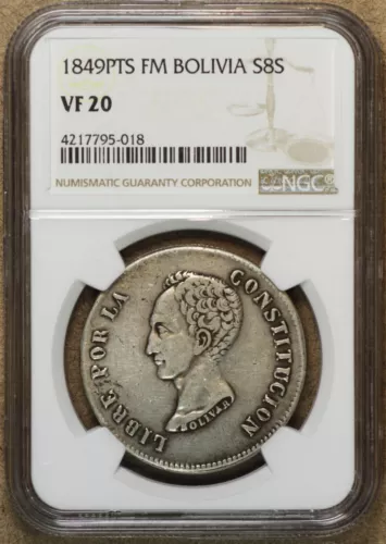 Bolivia Potosi 8 Soles Sols Reales 1849 PTS-FM NGC VF-20 Very Fine Silver Crown