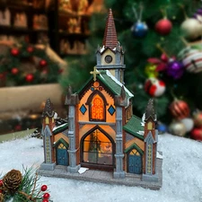 Polyresin Christmas Village Building, Cathedral Church with LED Lights - Battery