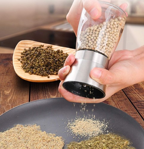 Salt and Pepper Grinder Set with Wooden Tray - Refillable Short Glass Shakers - Picture 2 of 6