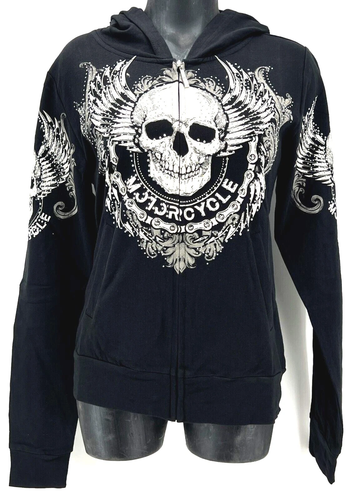 PLATINUM PLUSH SKULL & WINGS GRAPHIC RHINESTONE ZIPPER SWEATSHIRT #1741
