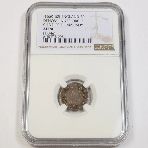 1660-62 NGC AU50 | ENGLAND - Charles II Maundy 2 Pence Coin #42955A