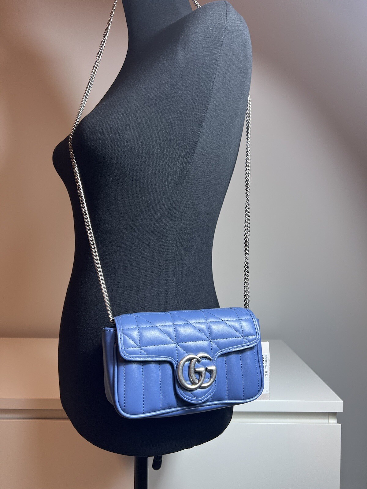 NIB Calfskin Matelassé Aria Super GG Marmont Shoulder Bag Blue Authentic