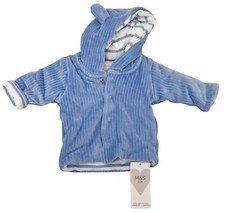 MARKS & SPENCER Boys Baby Light Blue Jacket Striped White Hooded Soft Newborn