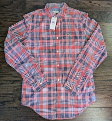 Mens Lacoste Long Sleeve Button Down Slim Fit Plaid Orange/Blue/White Sz S