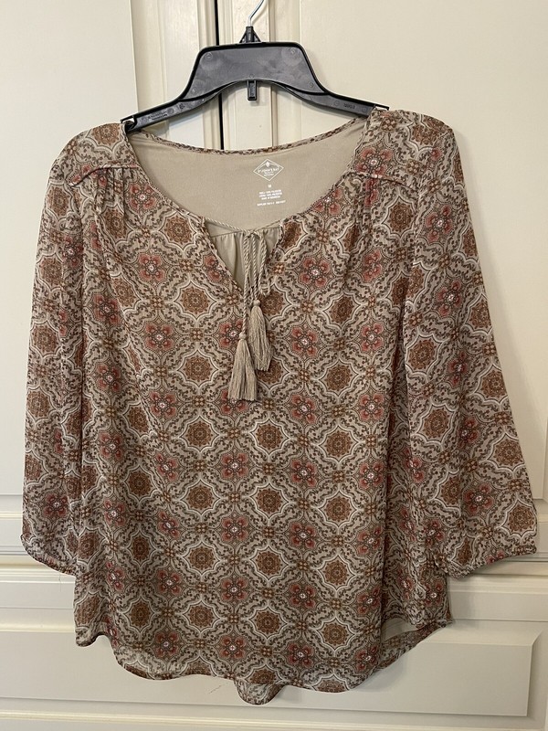 St John’s Bay Womens Beige Printed 3/4the Sleeves Lightweight Tunic Top - Size M