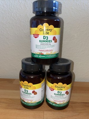 3X-Country Life Vitamin D3 Gummies 25mcg 1000 IU-Strawbrry Orange